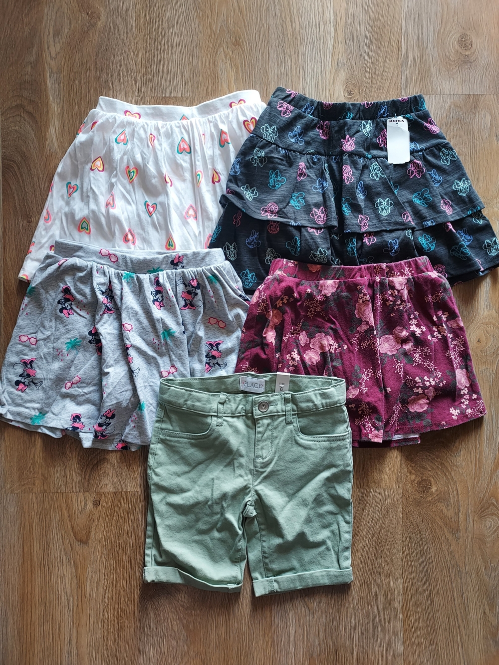 Girls 6/6x Skort & Short Bundle - Hearts, Floral, Disney Prints, Green Shorts